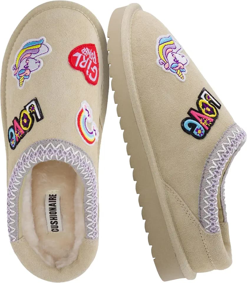 CUSHIONAIRE Keto Genuine Suede Leather Kids Slippers for Boys and Girls – Cozy Slip-On Mule House Shoes with Faux Fur Lining, Cushioned Memory Foam Comfort