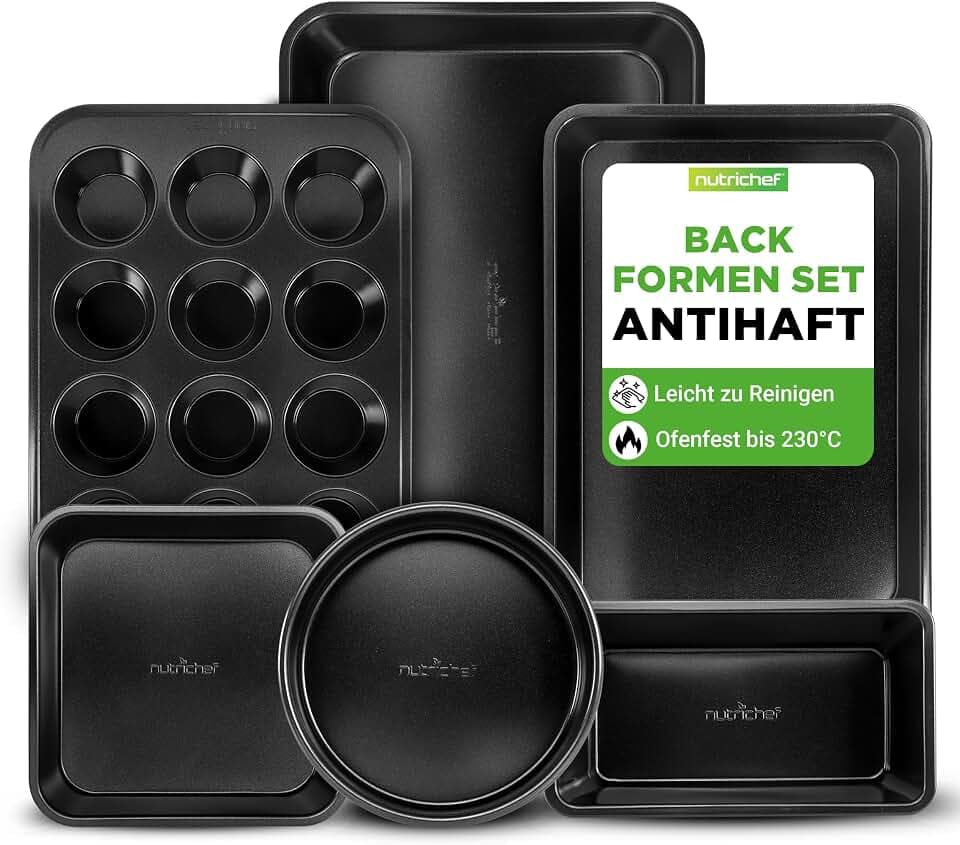 NutriChef Backformen-Set Schwarz– Backblech, Auflaufform, Muffin Backform, Brotbackform, Antihaft Karbonstahl Ofenfest bis 230 °C, Spülmaschinenfest, Stapelbar – Eckig & Rundes Backset, PFOA-frei