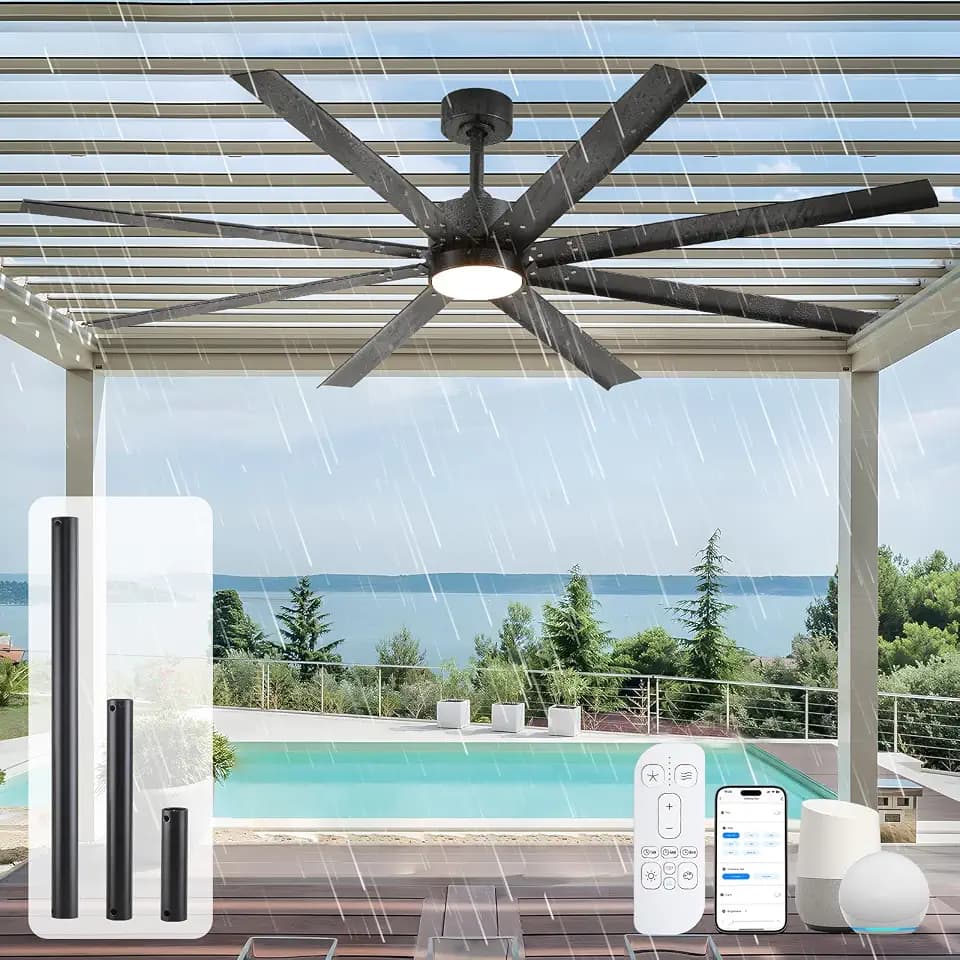 65 Inch Wet Rated Outdoor Ceiling Fan with Light, Waterproof Smart Fan