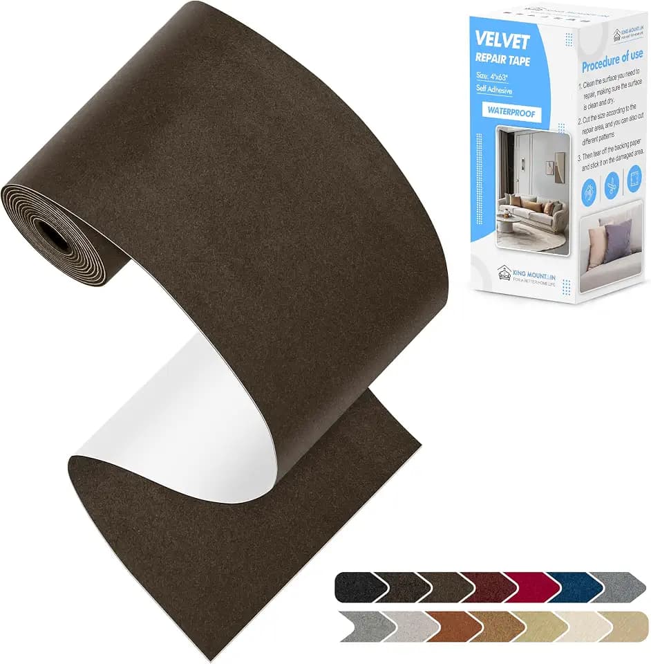 KING MOUNTAIN Couch Fabric Repair Patch, Fabric Patches for Furniture, 4" x 63" Waterproof Velvet Repair Tape for Sofas, Car Seats, Furniture, Upholstery Fabrics and Velvet Goods. （Coffee）