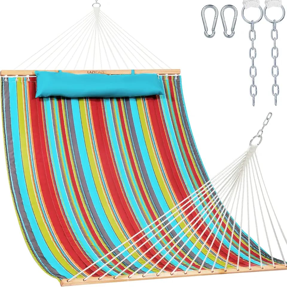 Lazy Daze Double Quilted Hammock with Carabiners & Soft Pillow for Outside
