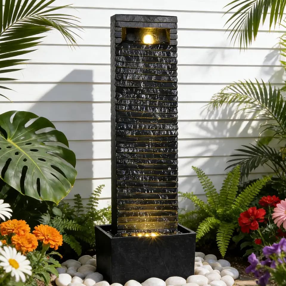 38.6" Tall Outdoor Water Fountain with LED Lights, Modern Floor-Standing Waterfall Fountain, Indoor Outdoor Resin Water Feature for Patio Porch Backyard Garden Home Decor
