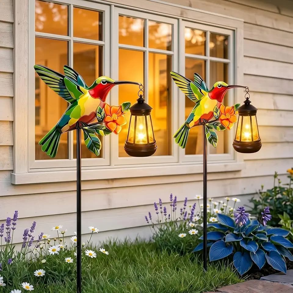 Hummingbird Solar Stake Lights Outdoor Waterproof, 2 Pack Metal Garden Statues with Hanging Lanterns, Path Light Yard Art Decor, Birthday Gifts for Women Mom, Patio Backyard Lawn Ornaments