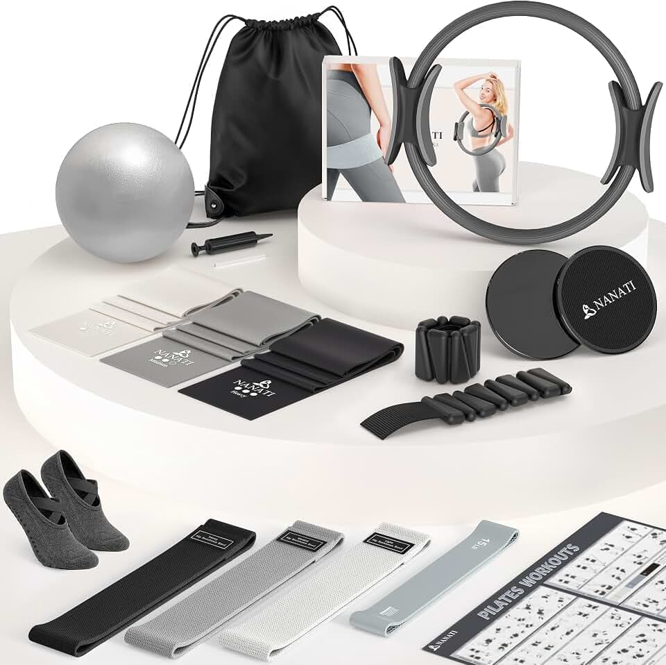 NANATI Pilates Kit, Home Pilates Workout Kit for Women, Pilates Equipment with 14.5"" Pilates Ring and Ball, Resistance Bands, Ankle Weights, Sliders & Grip Socks for Home Workouts