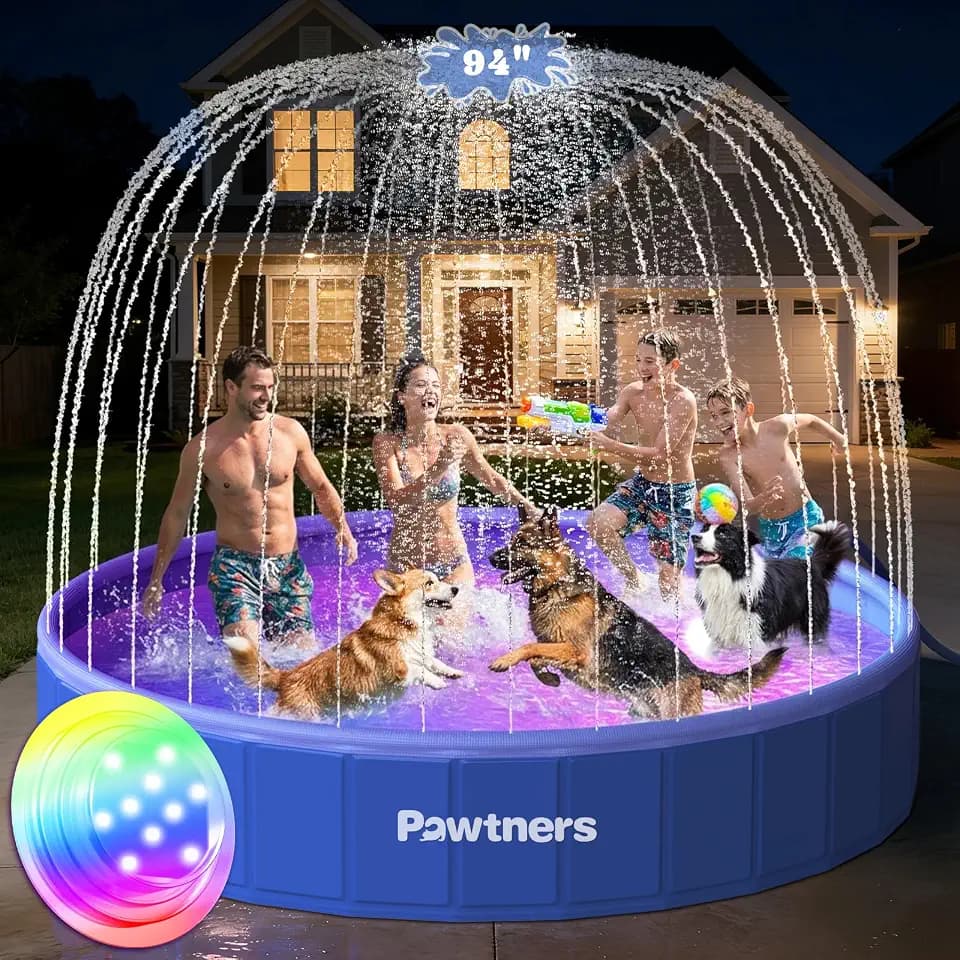 Pawtners 94" Foldable Dog Pool with Sprinkler & RGB LED Light, Blue