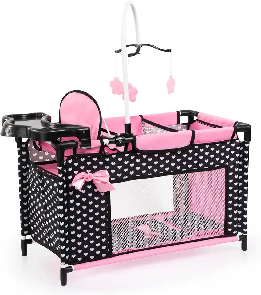 Bayer Baby Doll Furniture Set with Bed, Highchair & Hangers, Black/Pink