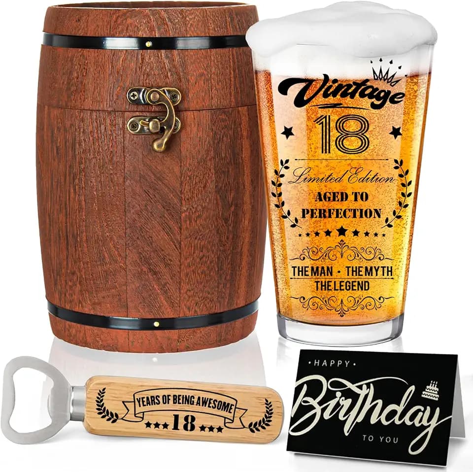 Geschenk zum 18 Geburtstag Junge, Geschenke für Männer, Personalisierte Bierglas mit Gravur, 2008-Bierglas in Fassbox 470ml, 18 Geburtstag Deko mit Geburtstagskarte, Flaschenöffner