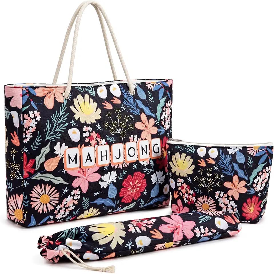Soulchen 3 Pcs Empty Mahjong Bag Set for Tiles and Racks, Black Floral