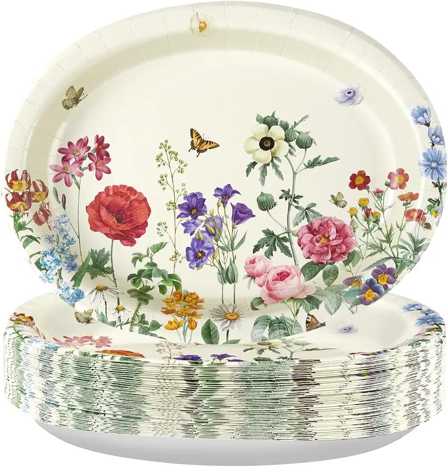 Greencian 50Pcs Vintage Wild Flower Large Oval Paper Plates 12 x 10 Inch