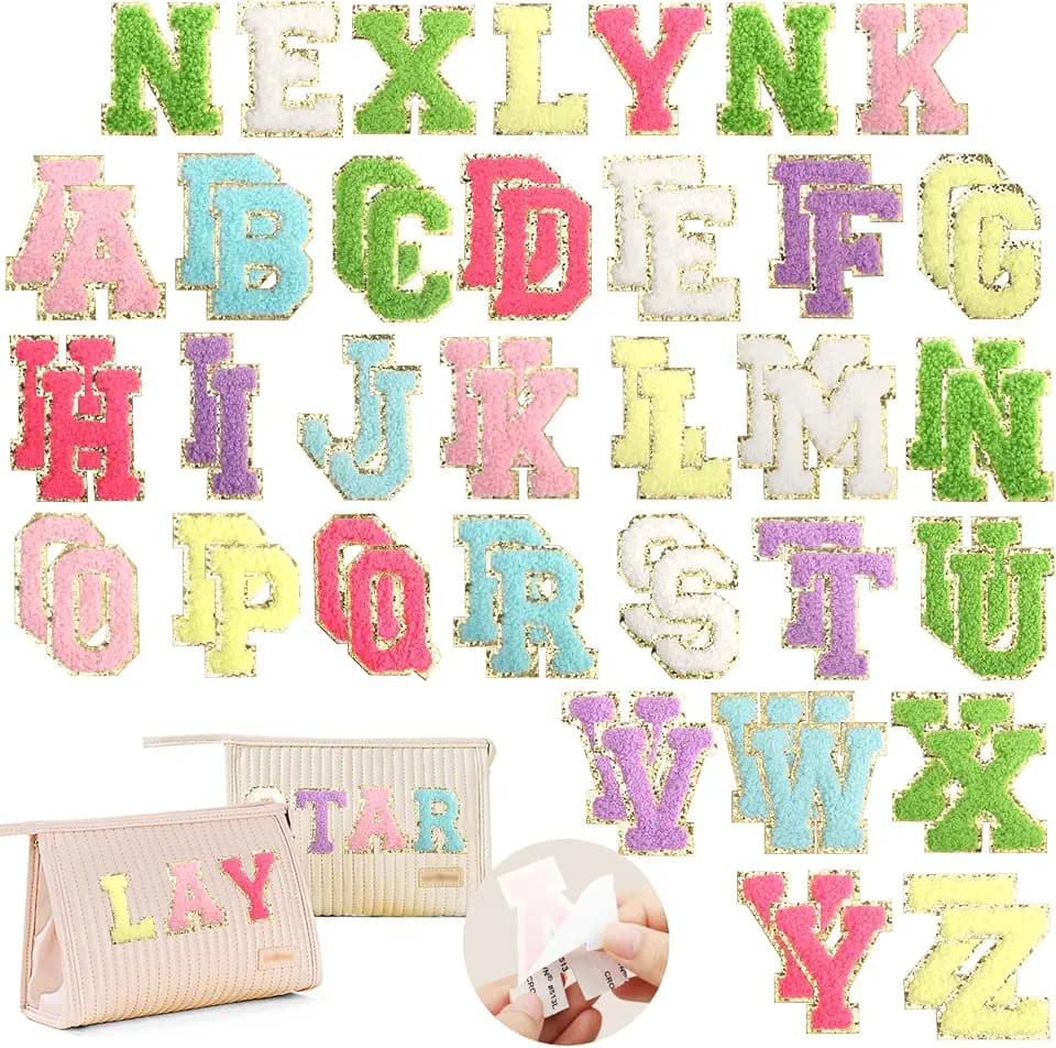 52 Stück Mehrfarbig selbstklebende Buchstaben Aufnäher Chenille Buchstaben