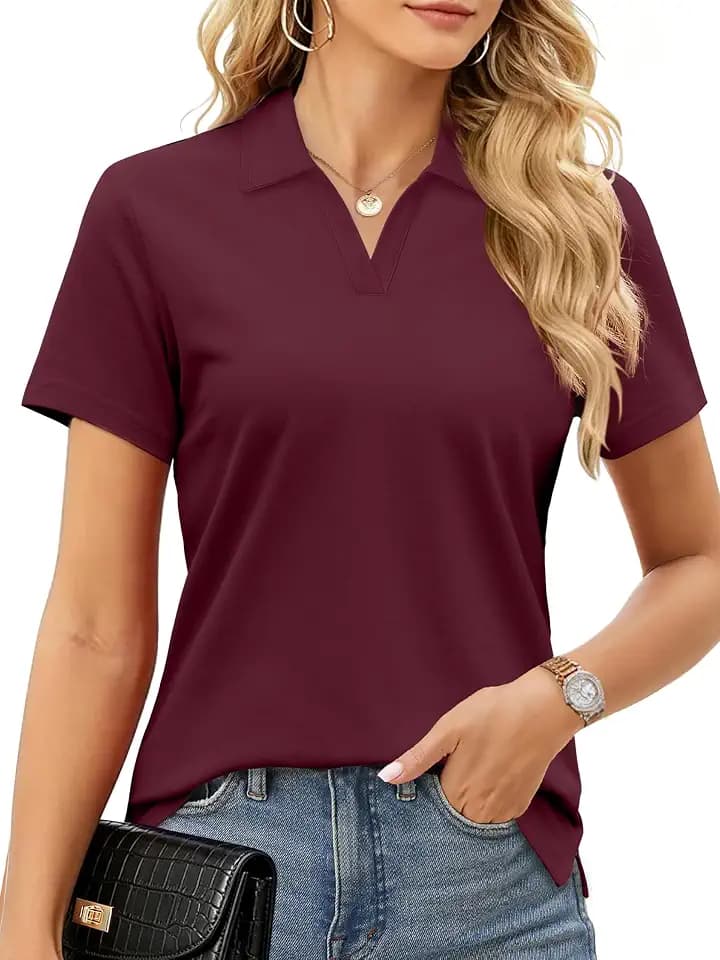 SMENG Women's Cotton Blend Pique Polo Shirts Short Sleeve Collared V-Neck