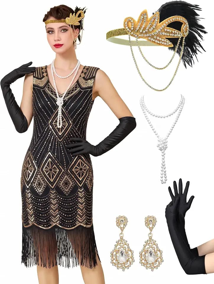 MTITE 1920s Dresses for Women, Sequin Fringed Gatsby Flapper Cocktail Dresses with 20s Accessories Set, Roaring 20s Costumes