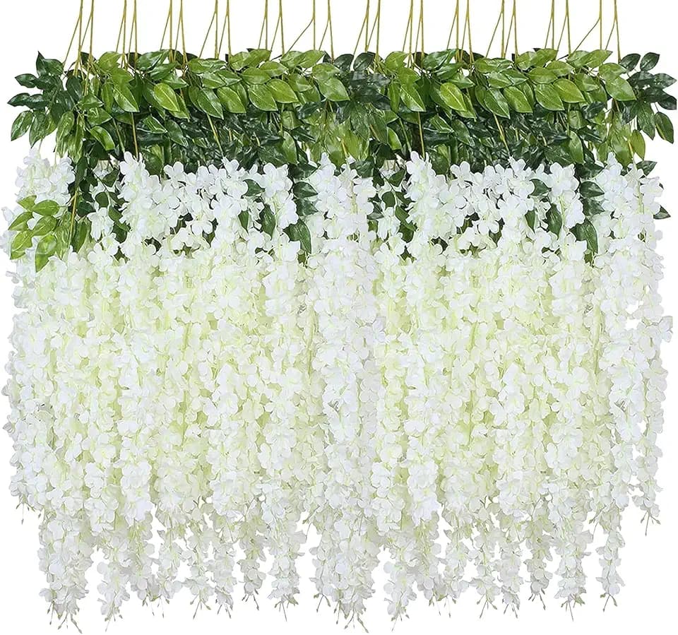 Artificial Wisteria Hanging Flowers, 24pack Fake Flowers White Wisteria Vine Ratta Garland Silk Flowers for Wedding Arch Party Garden Home Decor (24)