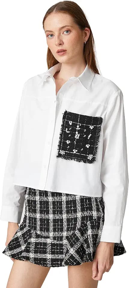 Koton Damen Tweed Pocket Detail Crop Shirt Hemd