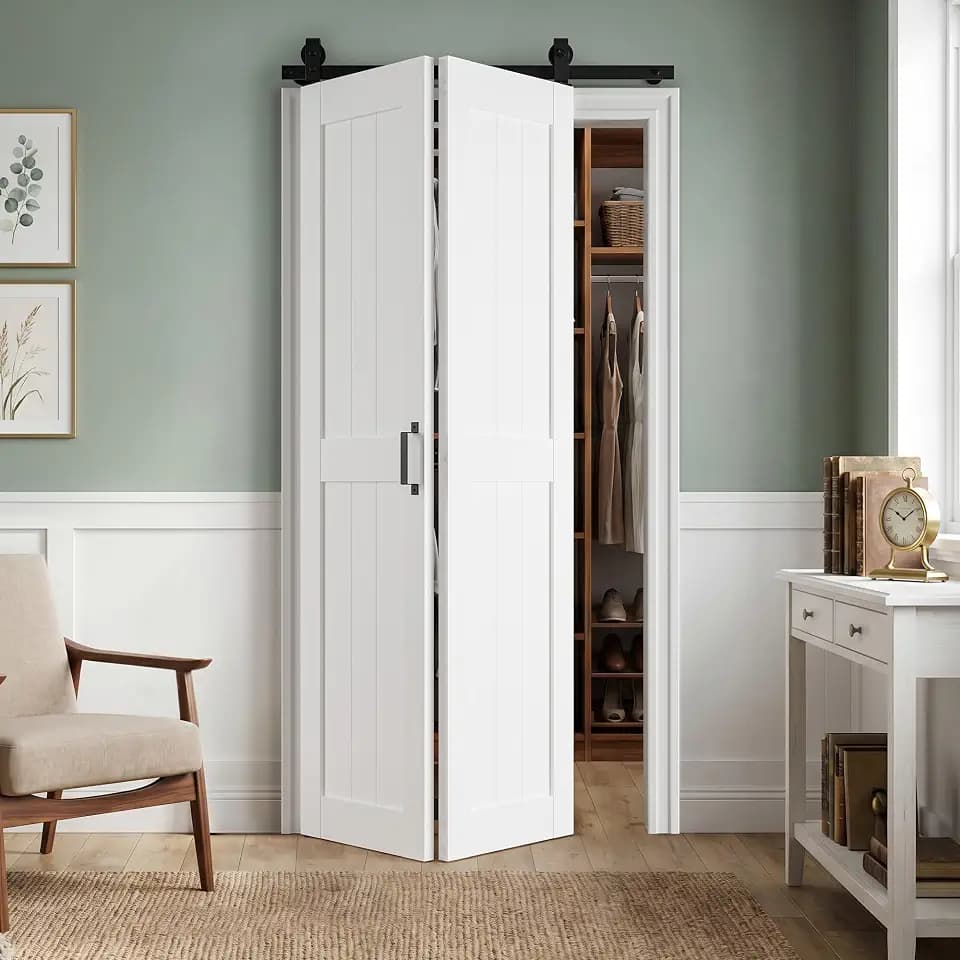 SMARTSTANDARD 72" x 84" Bifold Barn Door H-Shape, Bi-Fold Sliding Doors