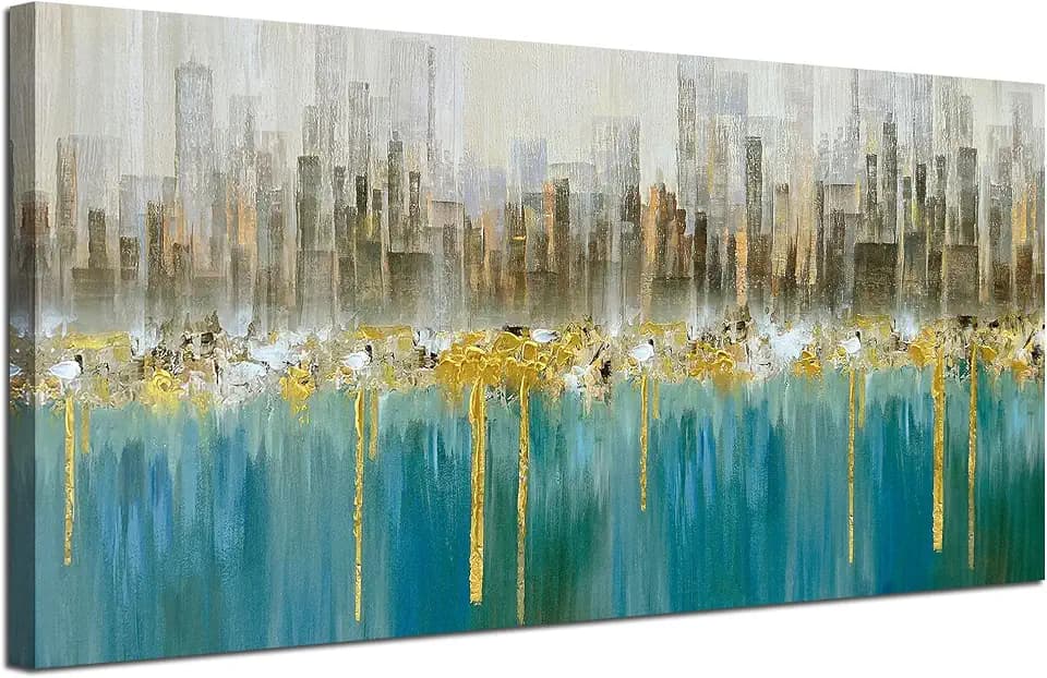 Ardemy Teal Abstract Cityscape Canvas Wall Art Modern Skyline Gold Textured Painting, Grey Buildings Large Size 48"x24" Picture Turquoise Artwork Framed for Living Room Bedroom Home Office Wall Decor