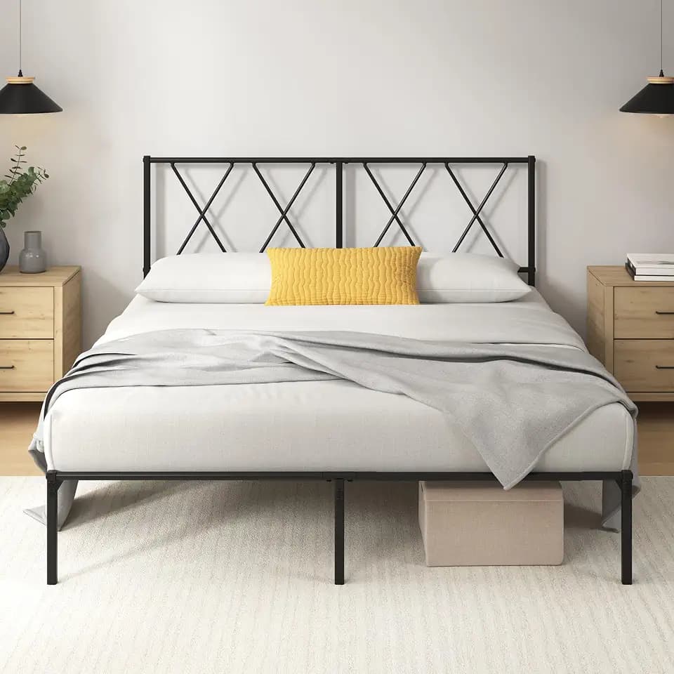 Zinus Elias Doppelbett 160 x 190 cm - Bett 160 x 190 cm - robuster Metallfuß mit Kopfteil - Höhe 30 cm - inkl. Metallleistengestell - Unterschrank, Farbe schwarz