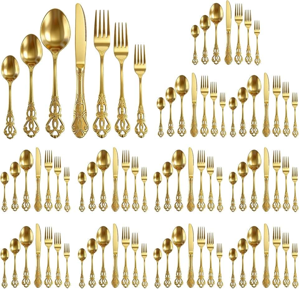 84 Pcs Retro Royal Silverware Set Including Spoon Knife and Fork Stainless Steel Flatware Tableware Cutlery Utensils Set for Restaurant Home Kitchen Wedding Birthday Party Favor (Gold)