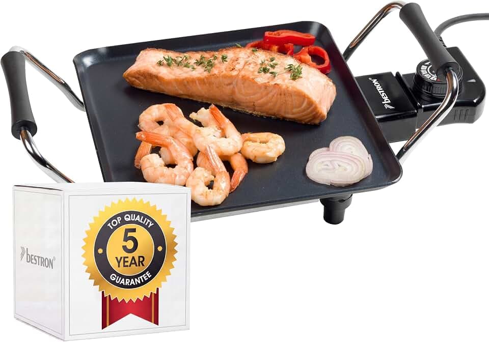 Bestron elektrischer Tischgrill, kleine Plancha-/Teppanyaki-Grillplatte mit Antihaftbeschichtung, Grillspaß für bis zu 2 Personen, 1.000 Watt, Farbe; Schwarz, 21 x 21 cm