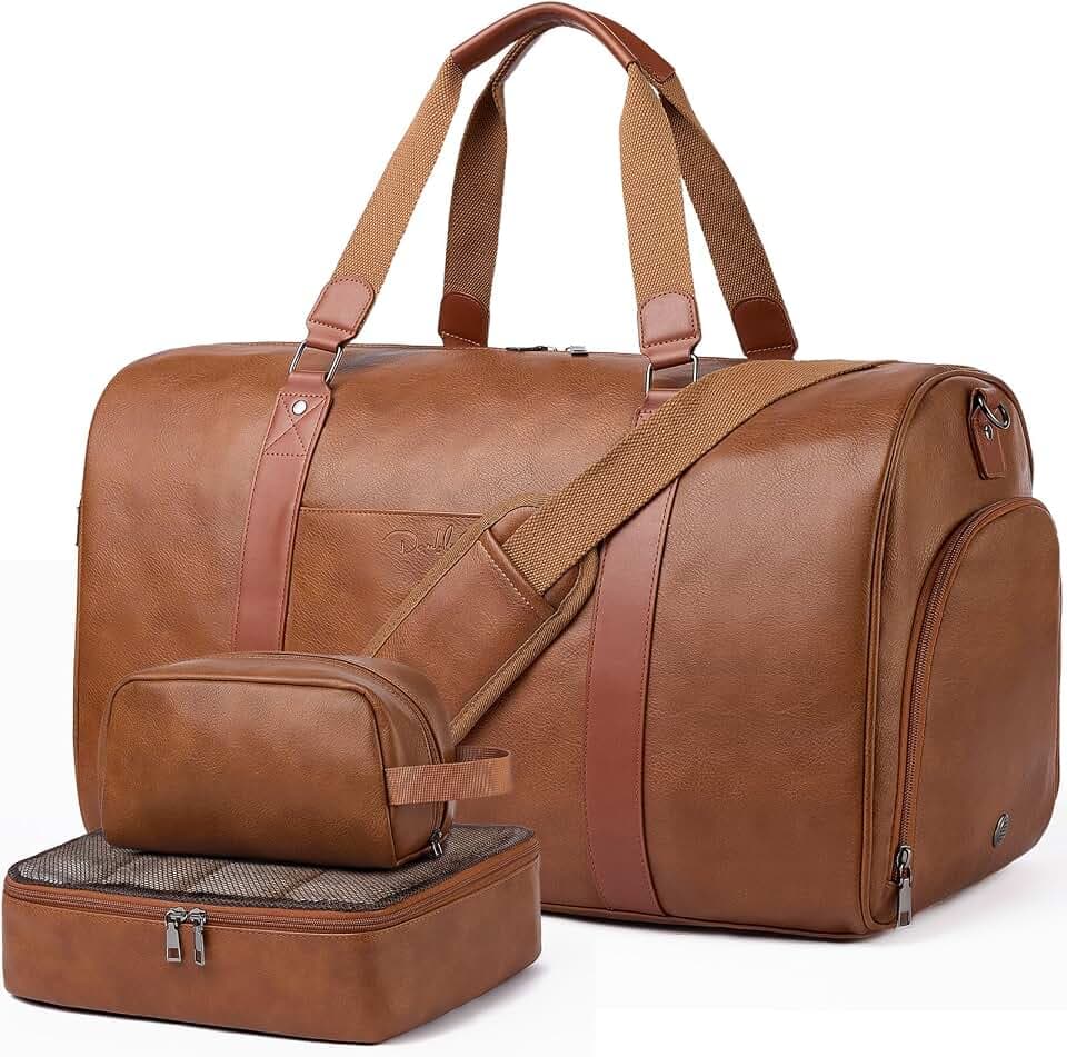 3‑PCS Leather Duffle Bag for Travel, Weekender Overnight Gym Bag Men Women