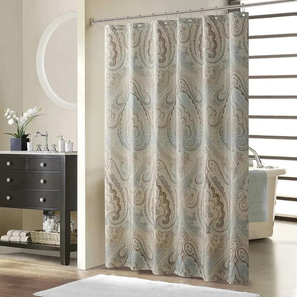 Long Fabric Shower Curtain, Taupe Blue Printed Boho Paisley Pattern Shower Curtain for Bathroom, Waterproof Bathroom Curtains, 72" W x 78" H