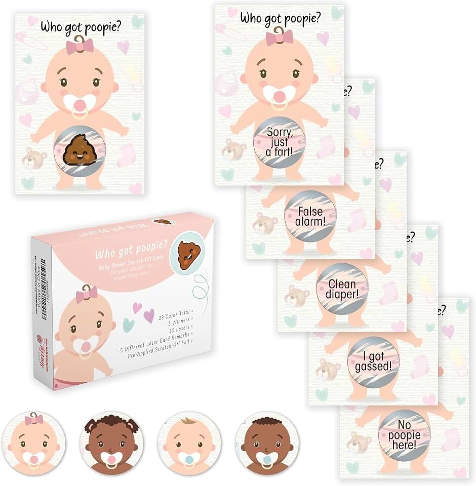 Party Hearty Baby Shower Scratch-Off Game, Poopie Emoji Cards - Fair Girl