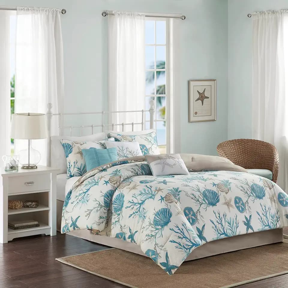 Madison Park Cotton Coastal Starfish Aqua Cal King Comforter Set, 7pc