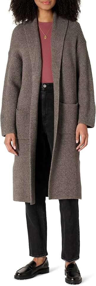 Amazon Essentials Damen Strickmantel, Lang, aus Baumwollmischgewebe in Übergröße, mit Strukturierter Naht