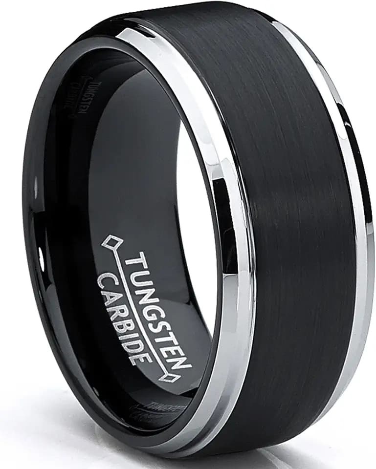 9MM Black Two Tone Tungsten Carbide Men's Brushed Wedding Band Ring, Comfort Fit Sizes 8 to 13