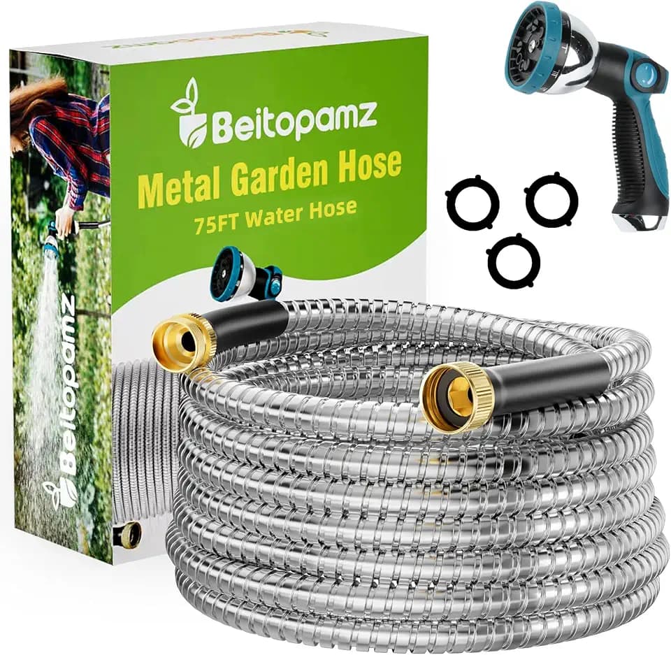 Beitopamz Metal Garden Hose 75 ft with Nozzle, Stainless Steel