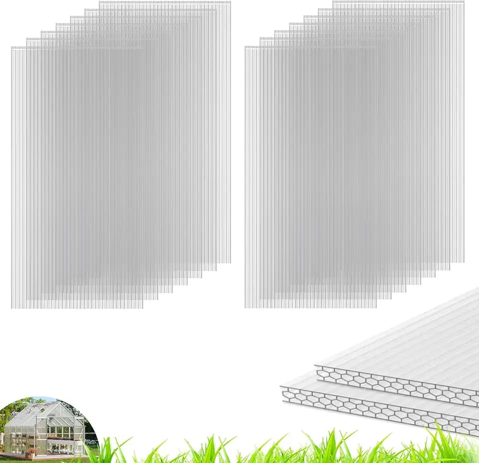 Quibbay 6PCS Polycarbonate Greenhouse Panels, 4' x 2' x 0.32'' Three-layer Honeycomb Panels Polycarbonate Sheet, Clear Waterproof UV Protected Corrugated Plastic Roof Panels for Greenhouse Replacement