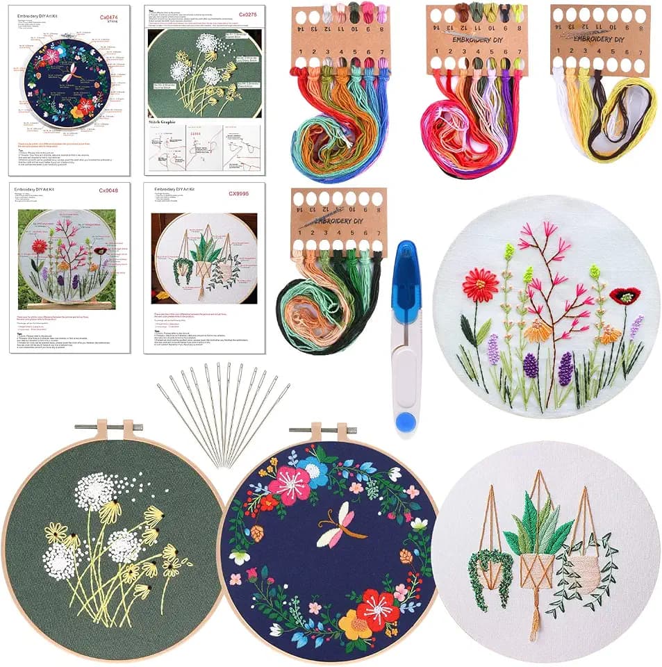 FEPITO 4 Sets Stickstarter Kit mit Muster und Anleitung Kreuzstich Kit Enthält 4 teilige Stickereien mit Blumenmuster, 2 teilige Stickrahmen, Schere, Farbfaden Nadel Kit