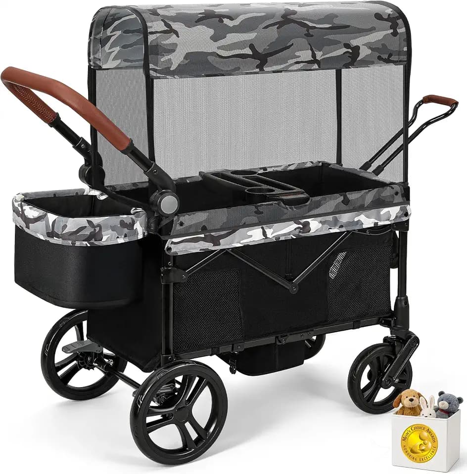 ELEMARA All-Terrain Stroller Wagon for 2 Kids, Foldable Kids Wagon Stroller Includes Removable Canopy,Mosquito net, Adjustable Push＆Pull Handle,Snack Tray & Cup Holders, Storage Basket, Black+White