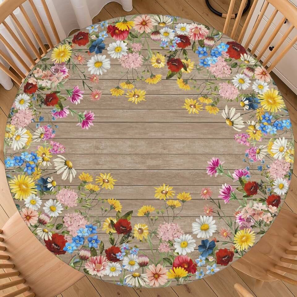 Spring Summer Round Fitted Tablecloth with Elastic Edge 40-44 Inch Vintage Floral Brown Wood Table Cover Washable Farmhouse Table Cloth for Kitchen Dining Party Decor