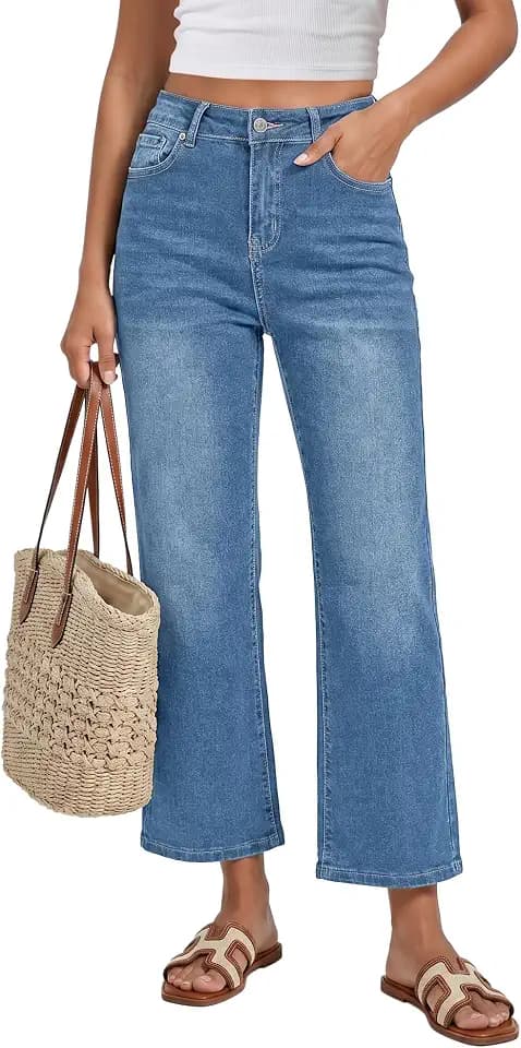 GRAPENT Jeans for Women Trendy High Waisted Loose Straight Leg Stretchy Denim Ankle Pants Cropped Jeans with Pockets