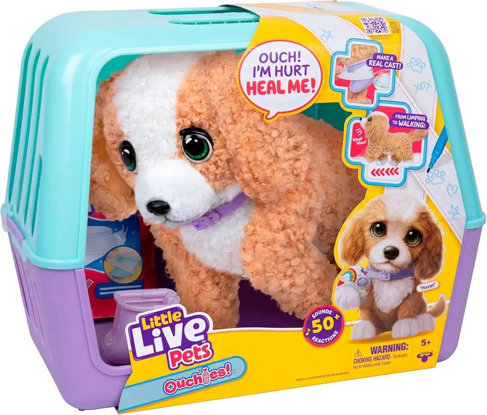 Little Live Pets Ouchies Amazon Exclusive Hazel The Poodle Plush, 50+ Sounds, Limping to Walking Puppy Toy & Carrier, Interactive Puppy Toy for Kids 5+
