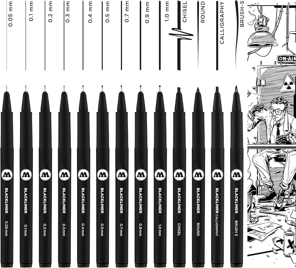 Molotow Blackliner Complete 13er Set (Strichstärke 0,05 mm bis 1,0 mm & spezielle Spitzen, Fineliner mit permanenter, dokumentenechter Tinte) 13 Stück schwarz