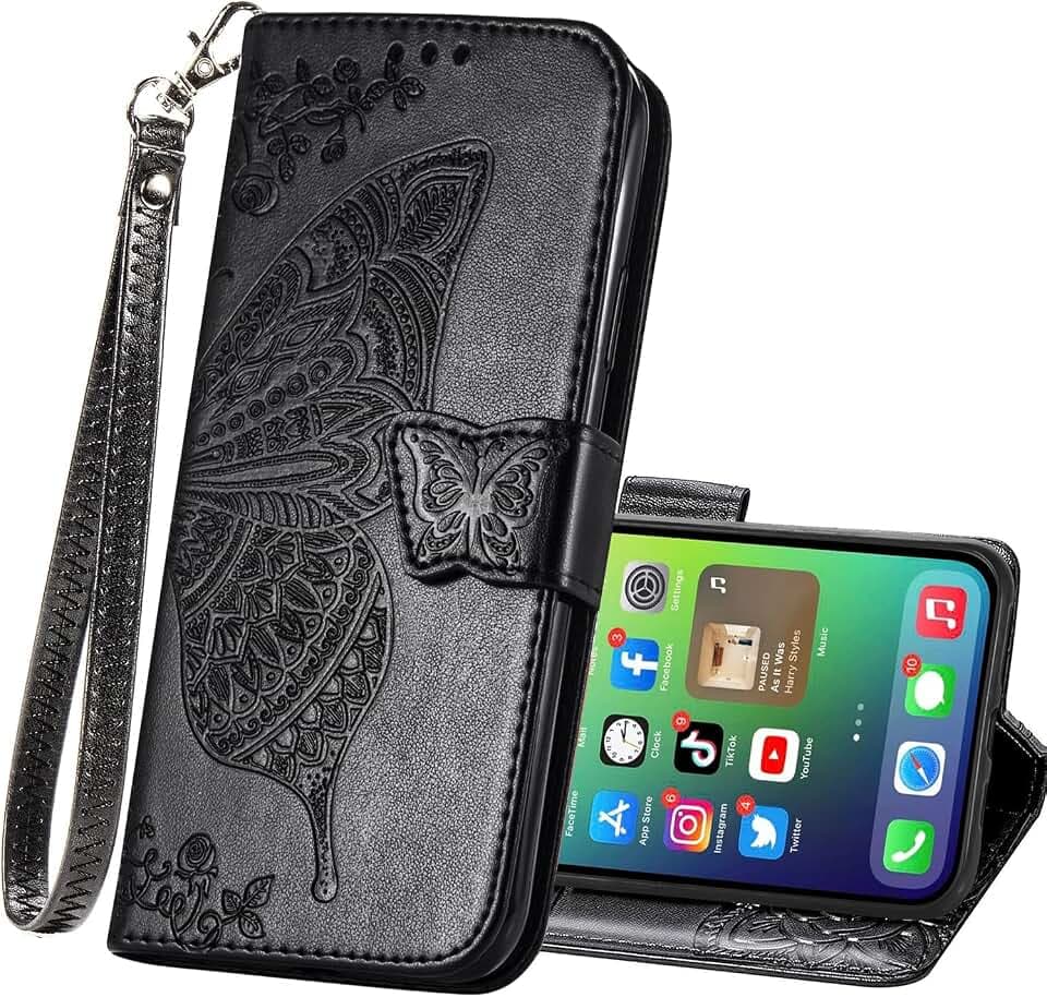 for iPhone 15 Wallet Case,PU Leather Flip Protective Phone Case Wrist Strap Credit Card Holder Pocket Emboss Butterfly Flower Kickstand Case for iPhone 15 Black