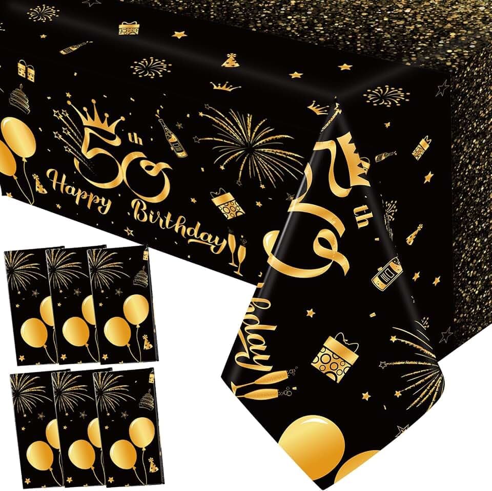 Remagr 6 Pack 50th Birthday Tablecloth Disposable Plastic Happy Birthday Table Cover Rectangular Black and Gold Table Cloths 50th Birthday Decorations Men Women, 54 x 108 Inch(50th)