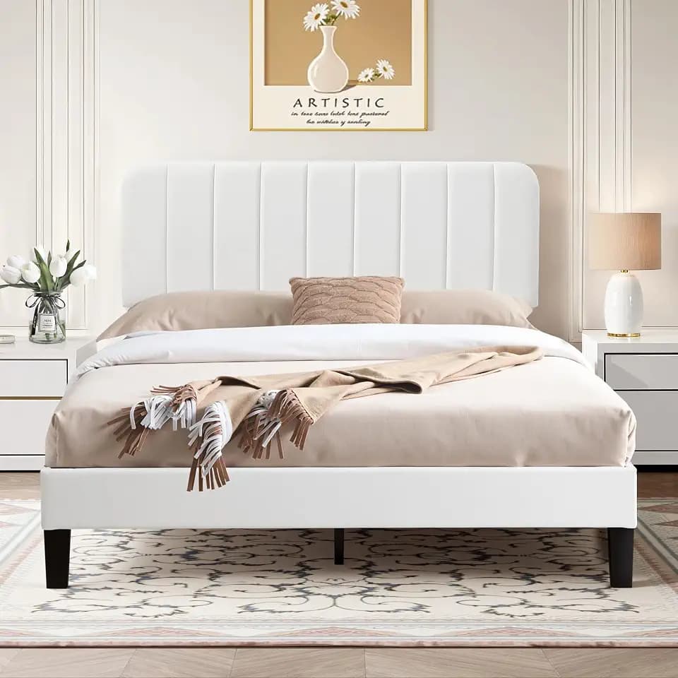 VECELO Doppelbett, gepolstert, 140 x 190 cm, Kopfteil, verstellbar, Lattenständer aus robustem Holz, Samt, einfach zu montieren, Weiß