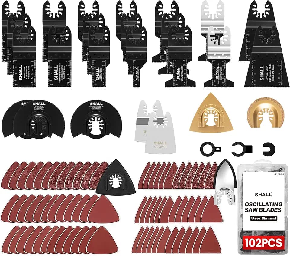 SHALL 102 Multitool-Klingen, oszillierende Multi-Tool-Zubehör-Sets, HCS- und Bimetall-Klingen, Schleifpad, Schleifpapier, Schaber, Aufbewahrungskoffer im Lieferumfang enthalten