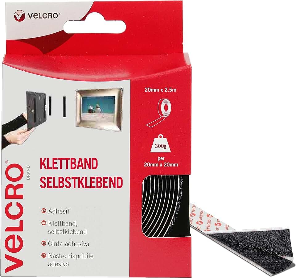 VELCRO Marke | Klettband Selbstklebend | Zuschneidbares, starkes, selbstklebendes Klettband mit Klettverschluss, perfekt für Raumdekoration und Wohnaccessoires, Garage | Schwarz | 20mm x 2,5 m