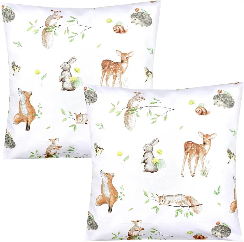 TupTam Kinder Kissenbezug Dekorativ Gemustert mit Hotelverschluss 2er Set, Farbe: Waldtiere/Igel/REH/Fuchs/Kaninchen/Beige, Größe: 40 x 60 cm