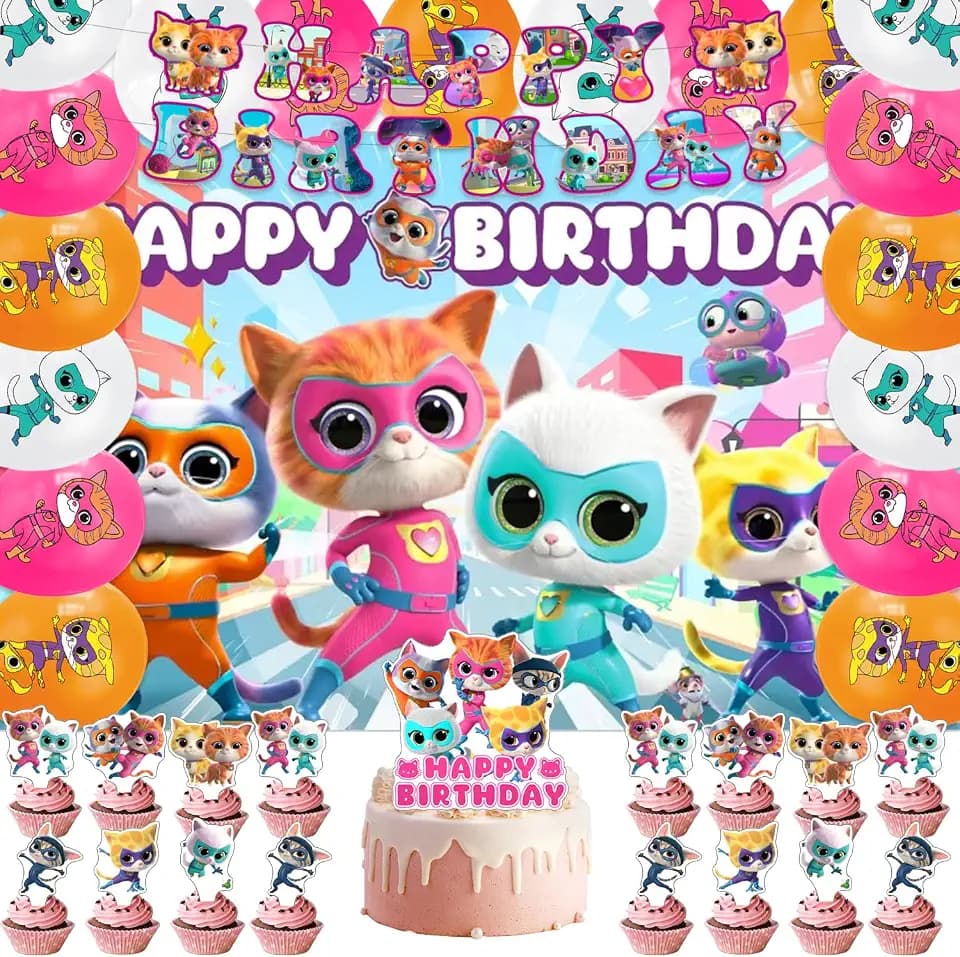 42Pcks Super Kitties Party Supplies Pack Includes，Banner，Cake Topper，Blackdrop,Balloons for Super Kitt party Decoration