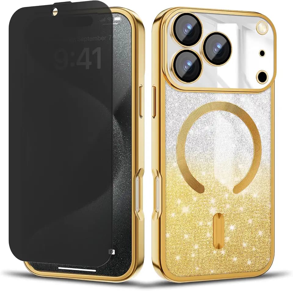 Misscase for iPhone 17 Pro Case 6.3 inch,Magnetic Glitter Bling Shockproof Plated Soft TPU Phone Cover Compatible with MagSafe,Built-in Camera Lens Protector,with Privacy Screen Protector*1 Gold