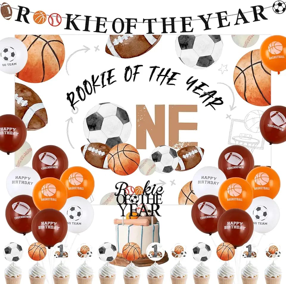 Retro Sports Theme 1st Birthday Decorations, Rookie Of The Year First Birthday Backdrop Banner Cake Cupcake Toppers Balloons for Boys One Year Old Bday Party Decorations Supplies
