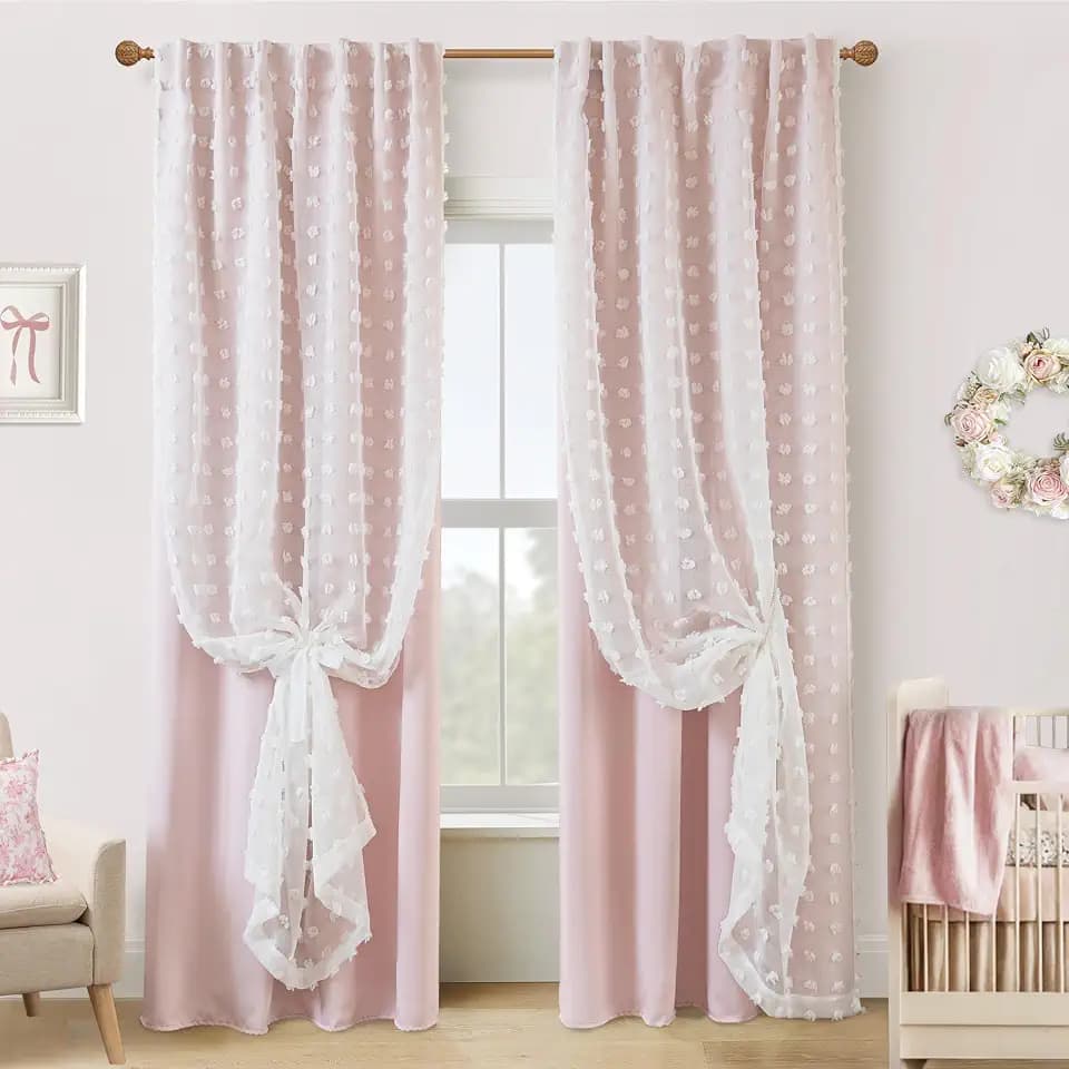 Lino Rosa Pink Blackout Curtains for Bedroom Nursery 2 Panels,Sheer White Overlay Pom Pom Floral Ruffle Cute Coquette Aesthetic Room Decor for Baby Girl Teen