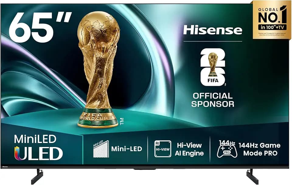 Hisense 65U7Q Fernseher 65 Zoll, 4K Mini LED ULED, Smart TV, Hi-View AI Engine, 144Hz Game Mode Pro, FreeSync Premium, Built in Subwoofer, Dolby Vision IQ Atmos, Airplay, Sprachsteuerung[2025]
