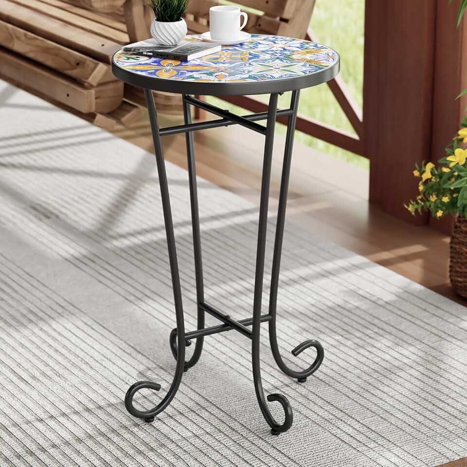 Christopher Knight Home Glady Outdoor Round Side Table, Patio Bistro Table with Ceramic Top and Metal Frame, Small Decorative Accent Table for Patio Garden Porch Balcony, Geometric