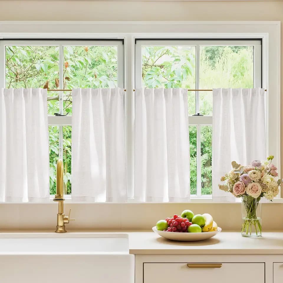 NICETOWN Natural Thick Linen Blend (230GSM) Kitchen Curtains 36 inch Length, Back Tab & Rod Pocket with Pleat Tab Upmarket Window Treatments Light Filtering for Cafe, W29 x L36, 2 Panels
